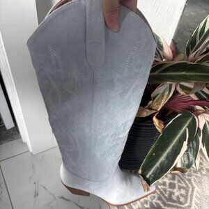 ⚡Women's Light Blue Knee High Pointed Toe And Block Heel Suede Faux Leather Boot